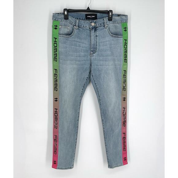 Homme + Femme NEW Tesla Skinny Blue Jeans Sz 38 Green Pink Gradient Logo Ribbon - Picture 1 of 10